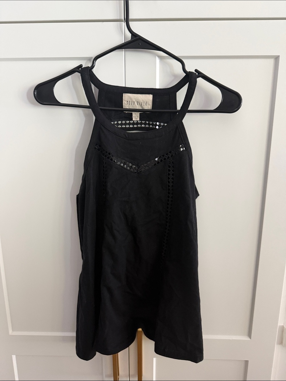 Moon River Black Crochet-Trim Halter Top Size Small